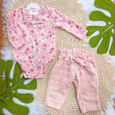 Conj. Body Manga Longa Floral e Calça com Cinto - Rosa e Pêssego 